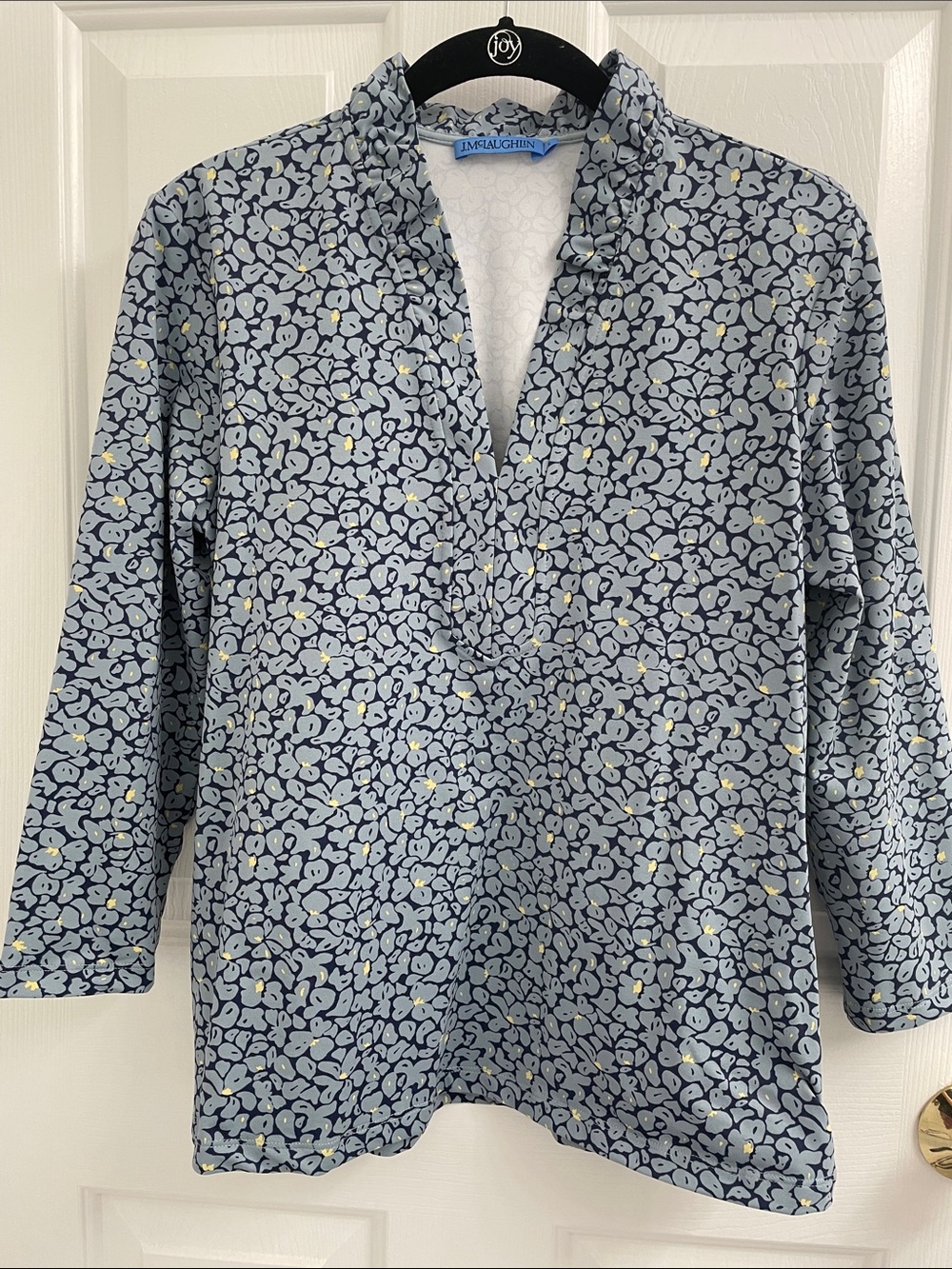 J. McLaughlin Navy and Light Blue Floral-Print Shirt with Ruffle Neck